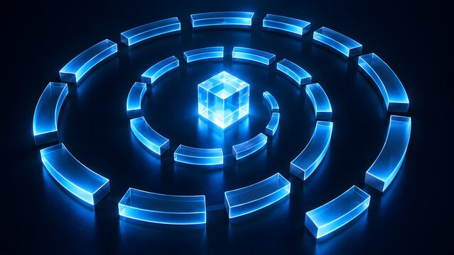 A glowing blue glass cube at the center of concentric segmented circles representing core focus centralized data and system integration.