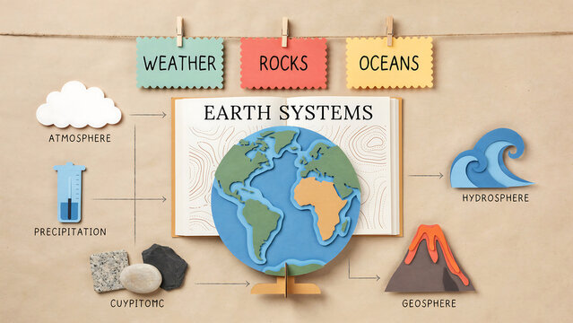 A paper craft educational diagram of earth systems, including atmosphere, hydrosphere, and geosphere, with a globe, thermometer, clouds, waves, and rocks on a textured brown paper background surface