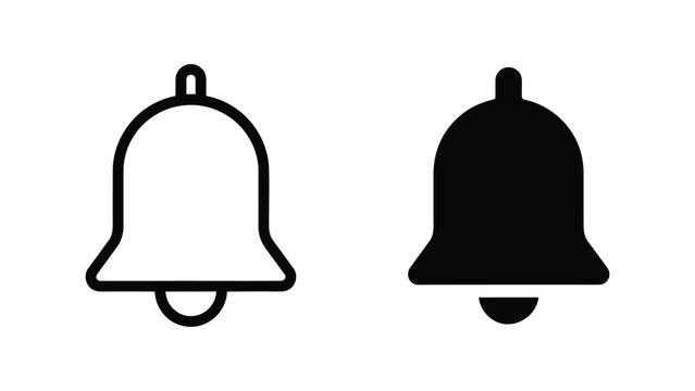 Black and white notification bell vector set featuring outline and solid fill designs.