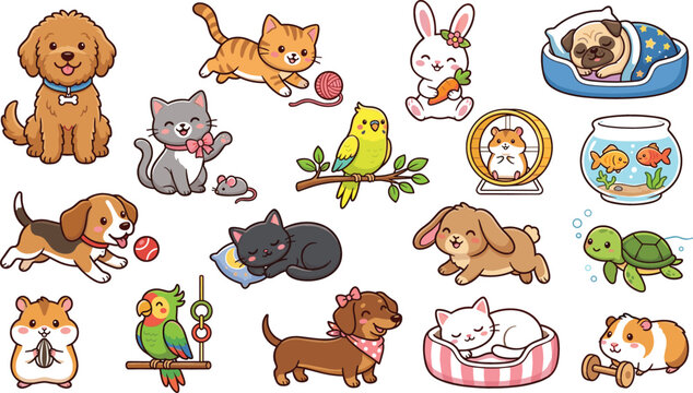 Cute pet animals cartoon mascot characters set featuring happy dogs cats hamsters rabbits parrots goldfish and turtle vector illustrations for children graphics