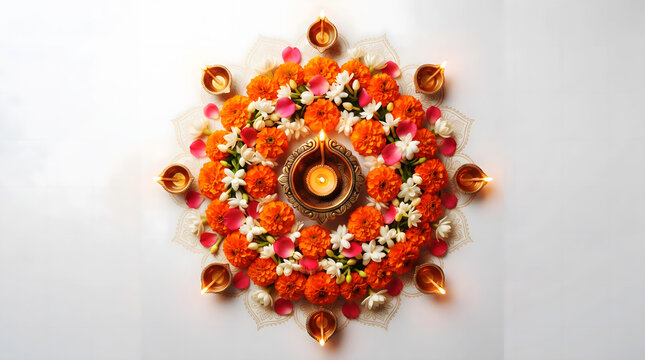 Colorful circular floral rangoli pattern with lit clay diya oil lamps for happy diwali festival marigold decoration celebration traditional spiritual religion
