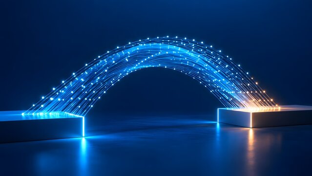 Glowing fiber optic light bridge connecting two platforms representing high speed data transfer network connection and digital transformation