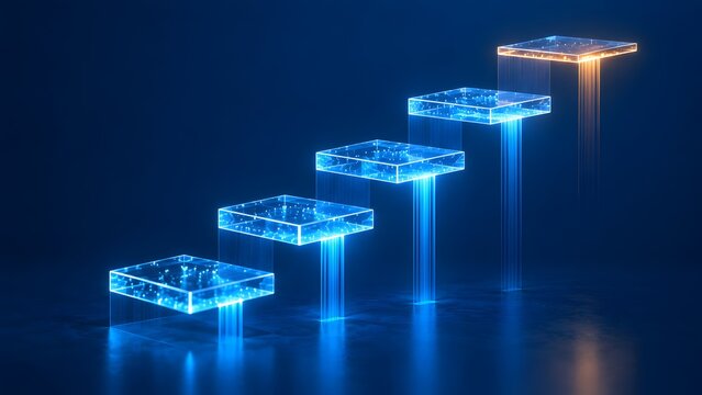 Glowing blue transparent glass stairs leading to an orange step representing digital business growth and futuristic career progression