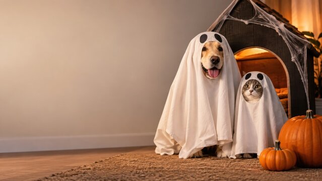 Dog and cat dressed as ghosts beside pet house for Halloween
