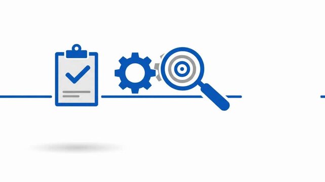Professional 2D flat animation illustrating the PDCA process sequentially, using blue lines and four simple icons.