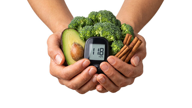 Nutritionist Hands Holding Healthy Diabetic Foods with Glucose Meter