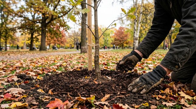 Person planting a young sapling tree in a park with autumn foliage and leaves