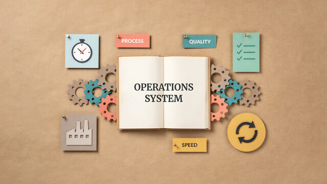 A paper craft flat lay composition showing an operations system with gears, a clock, a factory icon, a checklist, and a circular arrow icon on a textured brown paper background, with process labels