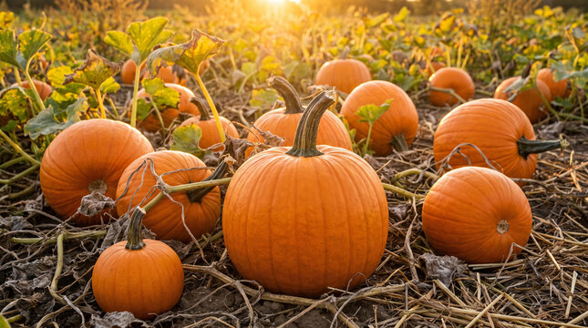 Fresh Ripe Orange Pumpkins Growing on Patch Field at Sunset Harvest