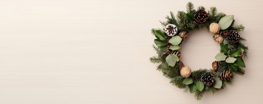 A festive wreath made of pinecones, greenery, and natural elements hangs on a light wooden wall, evoking a cozy holiday atmosphere.