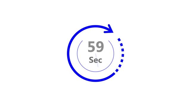 Countdown timer animation with blue circular dial and rotating arrow during time lapse on white background