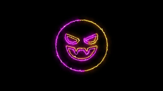 Neon glowing evil face emoji with sharp teeth on a dark background