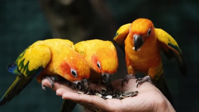 Parrots eating seeds from a human hand stock footage