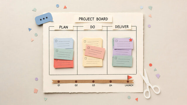 Project board for workflow management with paper cutouts of plan, do, and deliver sections, sticky notes, a timeline, and scissors on a light beige background, with colorful confetti