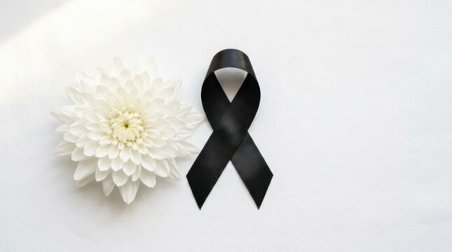 Black Ribbon and White Flower Symbolizing Mourning and Remembrance.