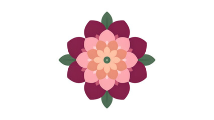 Fototapeta premium A symmetrical floral featuring layered petals in shades of dark purple, light pink, and peach with a central dark green geometric star shape on a white background