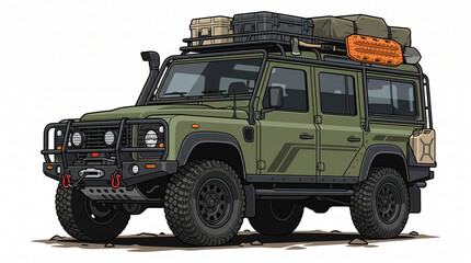 Rugged Outdoor Adventure SUV with Expedition Equipment and Elevated Suspension Vector Art. © Md Alam