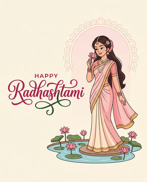 Happy Radhashtami  design with goddess Radha and lotus flowers