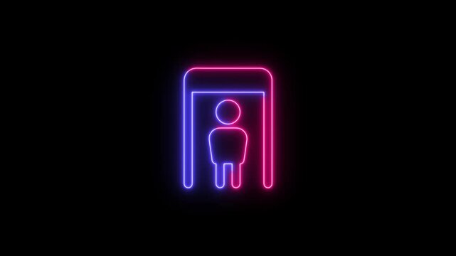 Neon metal detector icon with a person walking through the security gate