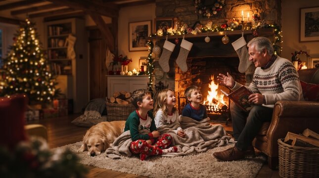 Grandfather reads Christmas stories to children by the fireplace with dog and Christmas tree