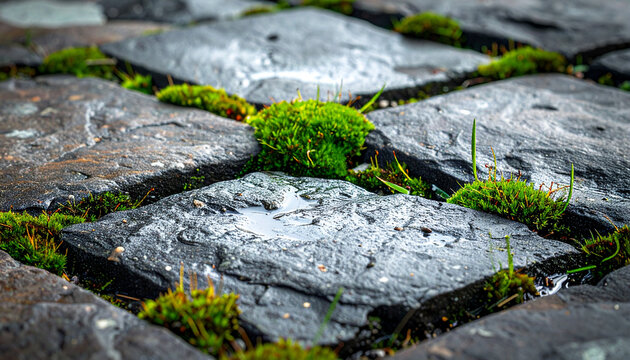 Weathered stone pavement with moss