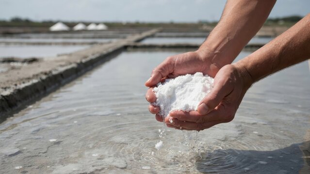 Farmer holding harvested sea salt in hands