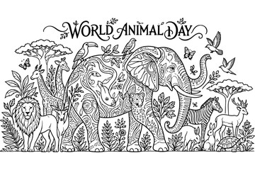 Obraz premium World Animal Day Coloring Page with Wildlife Animals