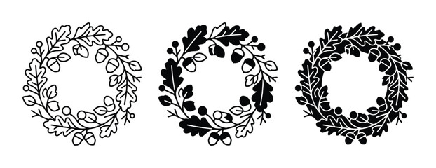 Fototapeta premium Autumn Oak Leaf and Acorn Wreaths, Vector Set, Seasonal Decorative Elements
