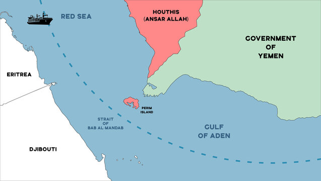 Illustration of a political map of the region around the Bab el-Mandeb Strait, showing Yemen, Djibouti, Eritrea, the Red Sea, and the Gulf of Aden to illustrate situation in the region