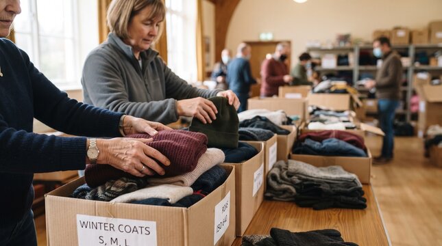 Volunteers sort winter clothing donations into boxes for distribution to those in need