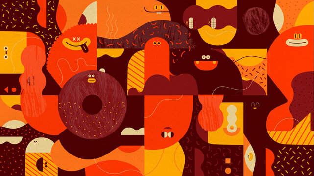 Abstract Geometric Characters Pattern &ndash; Retro Colorful Contemporary Illustration