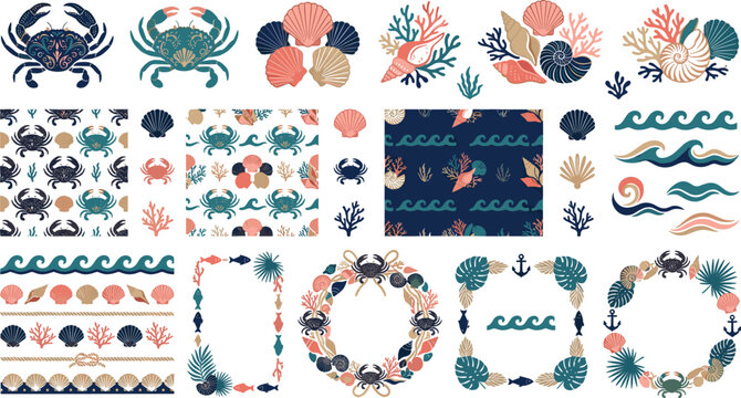 Nautical and marine life design vector set featuring crabs seashells coral seamless patterns borders and ocean themed decorative frames in retro colors