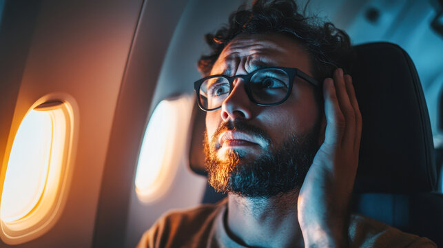 headache on airplane Male passenger is afraid and feels bad while flying on an airplane.