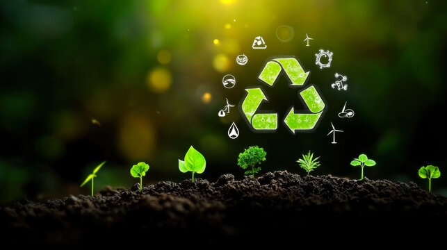 Tree growing on soil and environmentally friendly energy icons. earth day concept renewable energy to generate electricity
