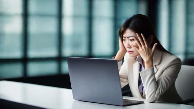 Stressed businesswoman working on a laptop in a modern office, feeling microheadache or deep thinking.