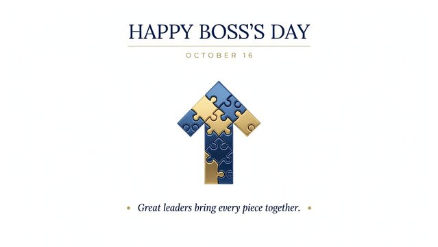 Happy Boss's Day greeting card, October 16 celebration banner, blue and gold puzzle arrow for leadership and teamwork