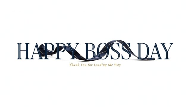 Happy Boss Day greeting with elegant black silk ribbon, professional corporate appreciation message, luxury boss day card on white background