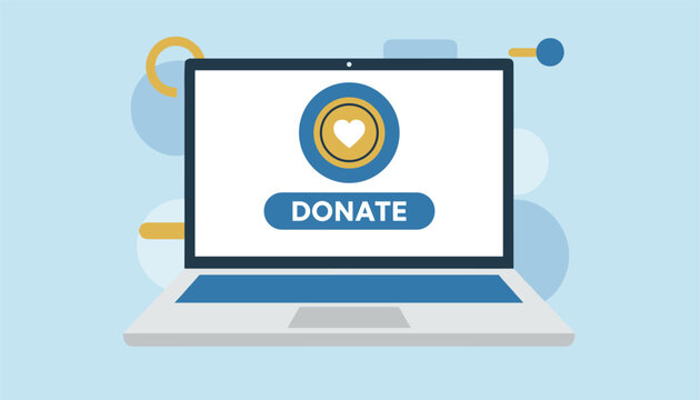Laptop computer screen showing a charitable donation page with a yellow heart icon and a blue donate button.