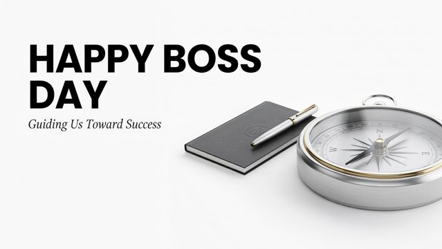 Happy Boss Day greeting card, professional business leadership concept with compass and notebook, executive appreciation background