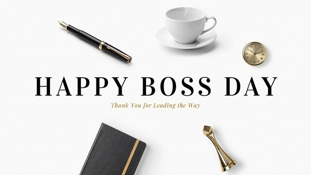 Happy Boss Day greeting card, professional office desk flat lay with fountain pen and coffee cup, corporate appreciation message