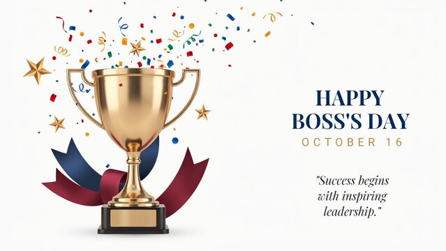 Happy Boss's Day greeting card with gold trophy, October 16 celebration banner with confetti, leadership success award on white background