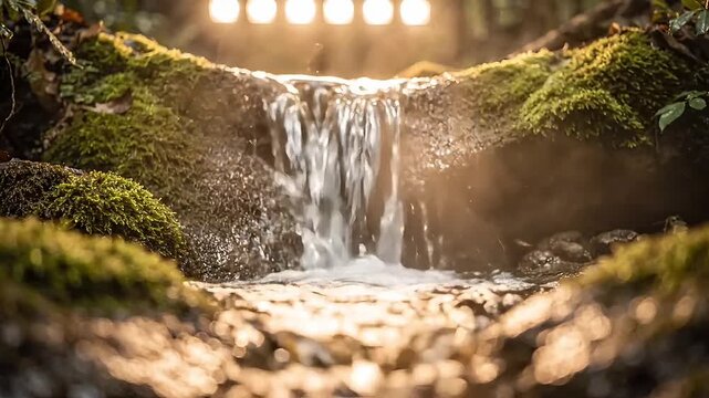 Clear stream water cascading over mossy rocks in forest sunlight