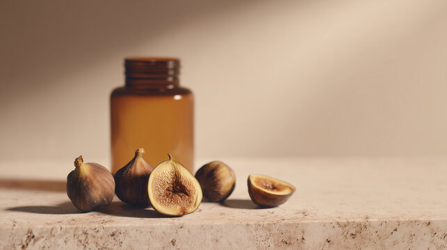 Fresh halved figs with an unlabelled amber supplement bottle in warm amber gold tones on stone with copy space