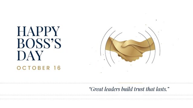 Happy Boss's Day greeting card, October 16 celebration banner, golden handshake icon on white background, professional leadership quote