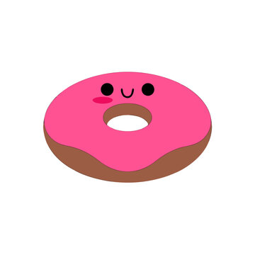 Cute pink glazed donut character with a smiling face isolated on a white background