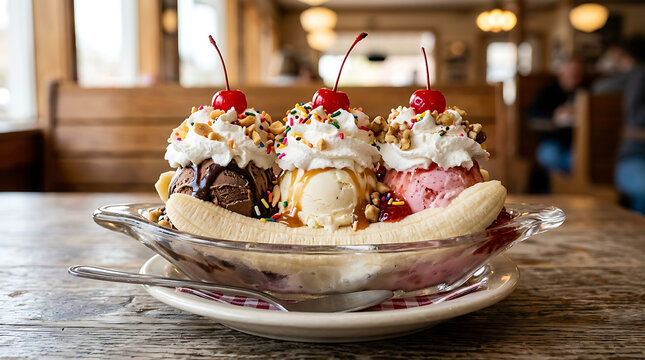 Classic banana split sundae with three scoops of ice cream, whipped cream, cherries, and sprinkles served in a glass bowl on a rustic wooden table