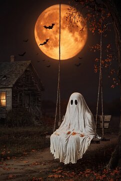 Ghost sitting on swing under full moon near haunted house on Halloween night