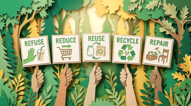 Paper Cut Hands Holding 5R Sustainability Signs