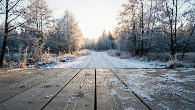 Wooden deck overlooking a snowy winter forest