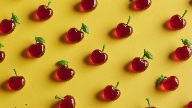 Vibrant red cherry gummy candy pattern on yellow background, seamless fruit